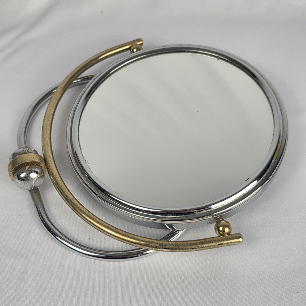 Vintage 5" Double Sided Folding Magnifying Travel Vanity Mirror MCM Chrome Brass - Picture 6 of 13